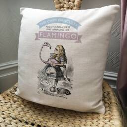 Alice Wonderland Gift Cushion Cover, Pink Flamingo Print, Vintage Mad Hatter Tea Party, Home Decor, 40cm 16 Inches - thumbnail 2
