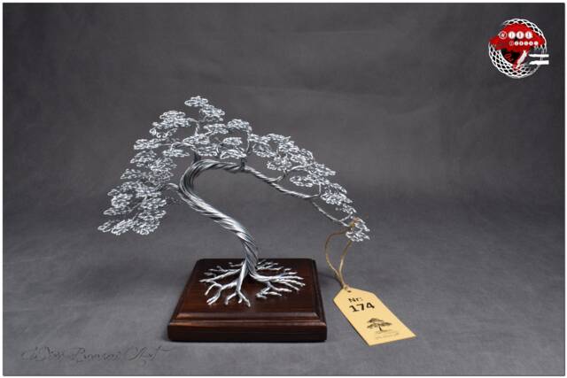 Wire Bonsai Tree Silver Meditation Decor On Wood Base - image 1