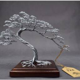 Wire Bonsai Tree Silver Meditation Decor On Wood Base - thumbnail 2