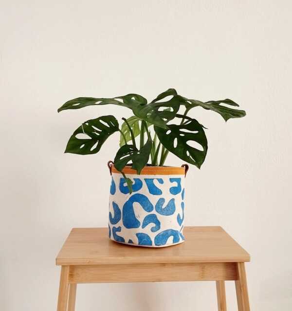 Indoor Plant Basket - Bohemian Fabric Planter Block Printed Cotton Vibrant Pattern, Burlap Lined, 15x15cm Size - image 1