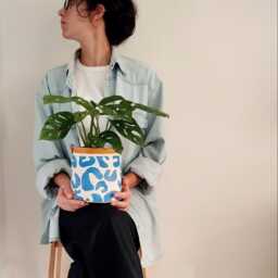 Indoor Plant Basket - Bohemian Fabric Planter Block Printed Cotton Vibrant Pattern, Burlap Lined, 15x15cm Size - thumbnail 2