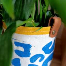 Blue Abstract Plant Pot Cover, Canvas Planter Basket, Block Printed Fabric Planter, Indoor Modern Home Decor - thumbnail 3