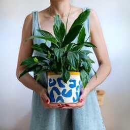 Blue Abstract Plant Pot Cover, Canvas Planter Basket, Block Printed Fabric Planter, Indoor Modern Home Decor - thumbnail 2