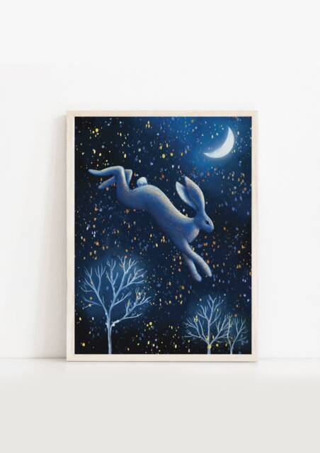 A2 A3 A4 A5 Original Art Print - Spiritual Earth Art Moon Night Hare Dreamy Woodland Hare - image 1