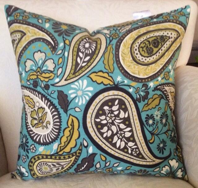 Teal Paisley Pillow, Blue Green Cushion, Country French Throw, Cottage Sham - 18x18 - image 1