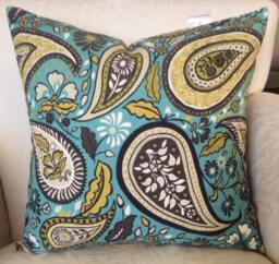 Teal Paisley Pillow, Blue Green Cushion, Country French Throw, Cottage Sham - 18x18 - thumbnail 1