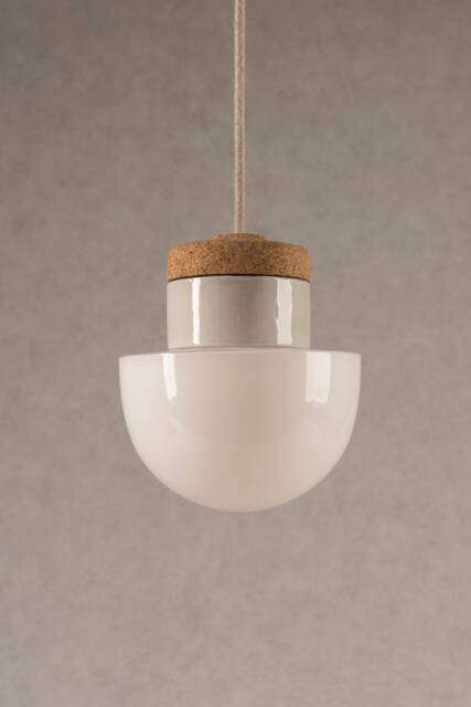 Pendant Lamp With White Glass Shade, Cork & Porcelain - image 1