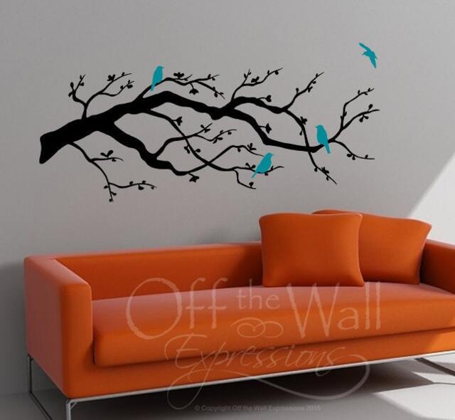 Contemporary Cherry Blossom Branch With Birds Vinyl Decal, Modern Wall Art, Nursery Bedroom, Floral Decor - image 1