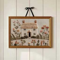 Faux Embroidery Cottage Art Print - English Countryside Wall Textured Floral Poster For Bedroom Or Living Room - thumbnail 1