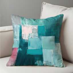 Teal Abstract Blocks Cushion Cover, Modern Textured Throw Pillow Cover. Blue Aqua & Blush Tones Contemporary Art-Inspired Decor - thumbnail 4