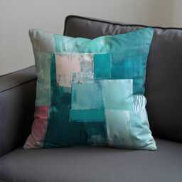 Teal Abstract Blocks Cushion Cover, Modern Textured Throw Pillow Cover. Blue Aqua & Blush Tones Contemporary Art-Inspired Decor - thumbnail 3