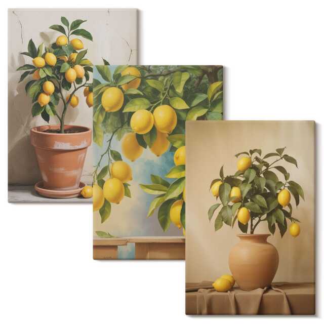 Canvas Wall Art Set Of 3 - Lemon Trees in Pots & Vases, Yellow Picture Print, Plants Flowers Hanging Piece - image 1