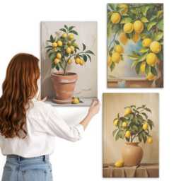 Canvas Wall Art Set Of 3 - Lemon Trees in Pots & Vases, Yellow Picture Print, Plants Flowers Hanging Piece - thumbnail 2