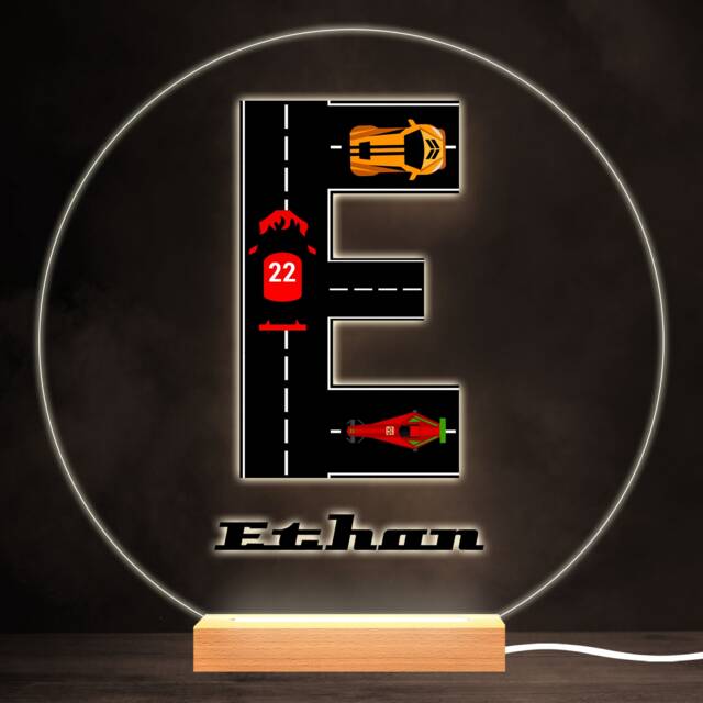 Road Racing Cars Letter E Colourful Round Personalised Gift Led Lamp Night Light - Bedroom - image 1