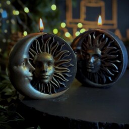 Sun & Moon - Pillar Soy Wax Vegan Witch Alter Spell Gothic Meditation Black Candles Handpainted - thumbnail 3