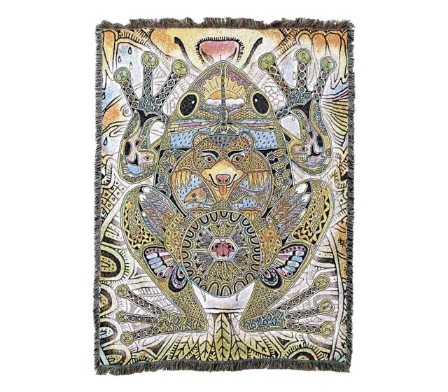 Green Frog Woven Tapestry Blanket, Native American Inspired, Pacific Northwest Totem Throw By Sue Coccia 100% Cotton Made in Usa 72x54 - image 1