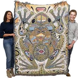 Green Frog Woven Tapestry Blanket, Native American Inspired, Pacific Northwest Totem Throw By Sue Coccia 100% Cotton Made in Usa 72x54 - thumbnail 2