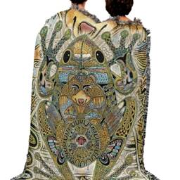 Green Frog Woven Tapestry Blanket, Native American Inspired, Pacific Northwest Totem Throw By Sue Coccia 100% Cotton Made in Usa 72x54 - thumbnail 3