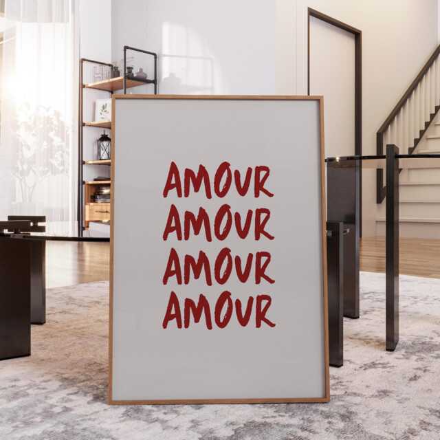 Amour Love Trendy Wall Print, French Minimalist Red & Beige Aesthetic Poster, Modern Funky Home Decor - image 1