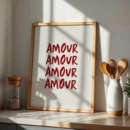 Amour Love Trendy Wall Print, French Minimalist Red & Beige Aesthetic Poster, Modern Funky Home Decor - thumbnail 2