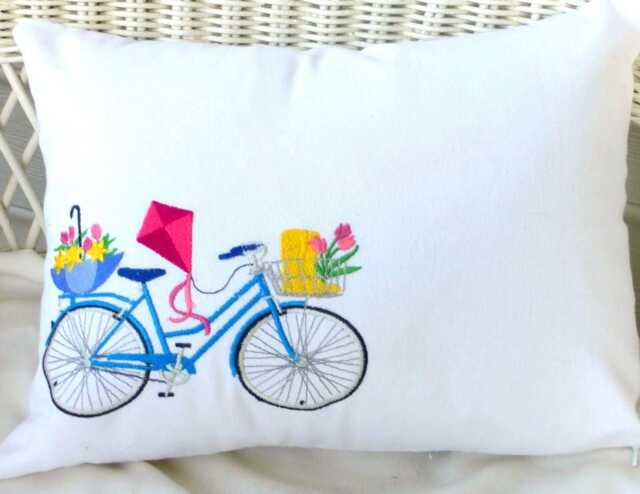 Embroidered Bicycle Pillow Cover Spring April Showers Bike Cover - image 1