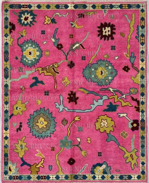 Hand Knotted Wool Oushak Rug, Fuchsia Teal Pink Yellow Floral Home Decor - image 1