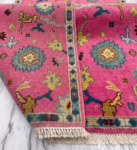Modern Pink Luxury Bedroom Oushak Hand Knotted Wool Rug, Fuchsia Teal Yellow Floral Home Decor, Hallway Runner, Kitchen Bathroom Rugs - image 1