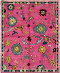 Hand Knotted Wool Oushak Rug, Fuchsia Teal Pink Yellow Floral Home Decor - thumbnail 1
