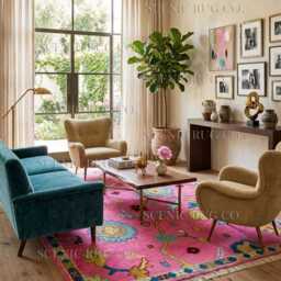 Hand Knotted Wool Oushak Rug, Fuchsia Teal Pink Yellow Floral Home Decor - thumbnail 2