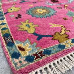 Hand Knotted Wool Oushak Rug, Fuchsia Teal Pink Yellow Floral Home Decor - thumbnail 3