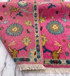 Modern Pink Luxury Bedroom Oushak Hand Knotted Wool Rug, Fuchsia Teal Yellow Floral Home Decor, Hallway Runner, Kitchen Bathroom Rugs