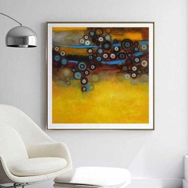 Abstract Circles Art Print Mustard Yellow & Turquoise Modern Wall Decor, Square Artwork Yellow-Blue - image 1