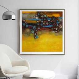Abstract Circles Art Print Mustard Yellow & Turquoise Modern Wall Decor, Square Artwork Yellow-Blue