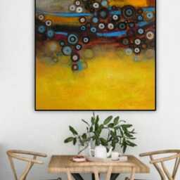 Abstract Circles Art Print Mustard Yellow & Turquoise Modern Wall Decor, Square Artwork Yellow-Blue - thumbnail 3