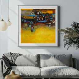 Abstract Circles Art Print Mustard Yellow & Turquoise Modern Wall Decor, Square Artwork Yellow-Blue - thumbnail 2