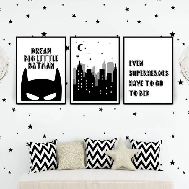 Superhero Prints, Set Of 3 Bedroom Wall Art - Decor, Boys Bedroom, Monochrome Art 242 - image 1