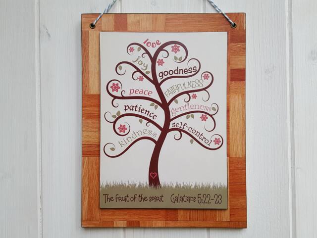 Bible Verse Art, The Fruit Of The Spirit, Wood Sign, Wall Hanging, Galatians 522-23, Colour Print On Wood Decoupage - image 1