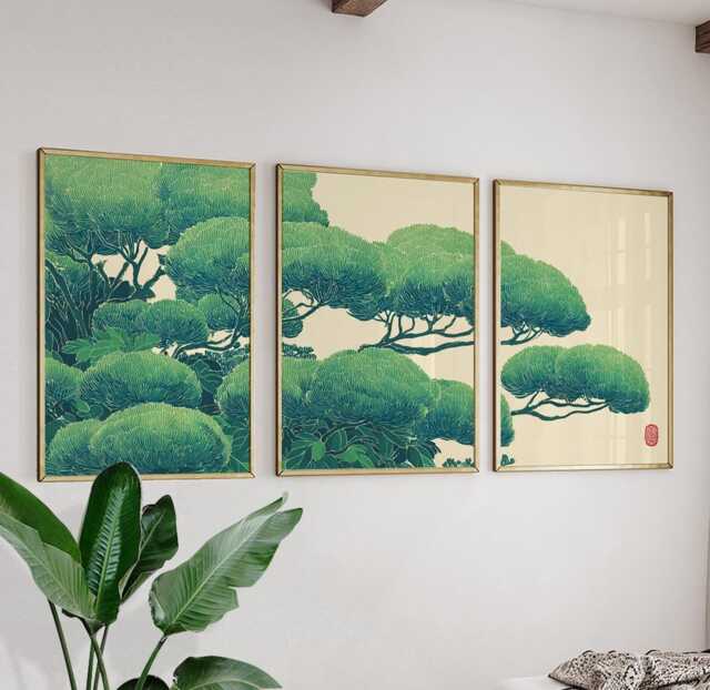 Green Japanese Pine Tree Art - Woodblock Style Nature Poster Set Sage Cream Triptych Wall Decor - image 1
