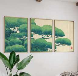 Green Japanese Pine Tree Art - Woodblock Style Nature Poster Set Sage Cream Triptych Wall Decor - thumbnail 1