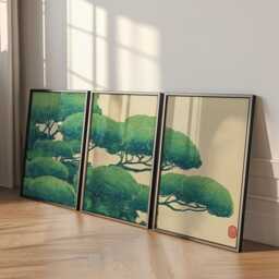 Green Japanese Pine Tree Art - Woodblock Style Nature Poster Set Sage Cream Triptych Wall Decor - thumbnail 3