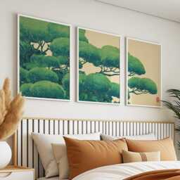 Green Japanese Pine Tree Art - Woodblock Style Nature Poster Set Sage Cream Triptych Wall Decor - thumbnail 2