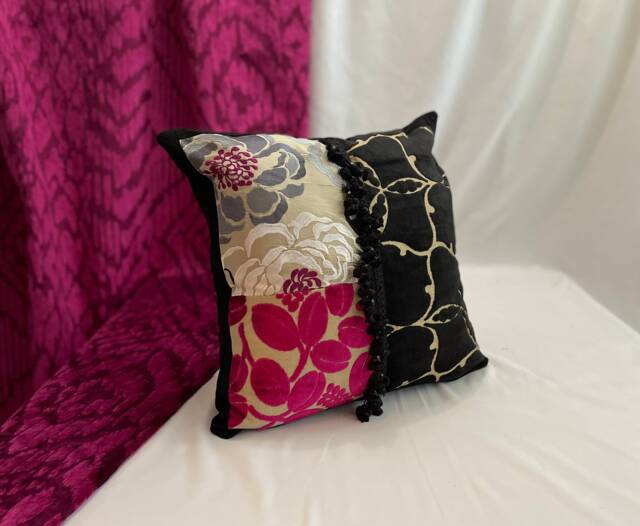 "Embroidered Silk Decorative Pillow Bohemian Pink & Black Velvet, 18""x 18" - image 1