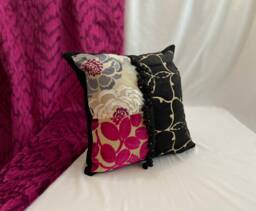 "Embroidered Silk Decorative Pillow Bohemian Pink & Black Velvet, 18""x 18" - thumbnail 1