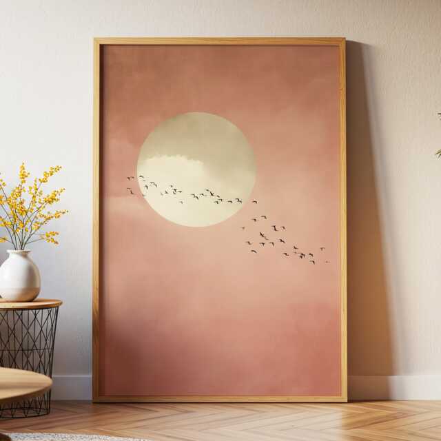 Soft Pink Moon With Birds Wall Art Minimalist Scandi Abstract Painting Large Room Decor Framed Calming Poster Print - image 1