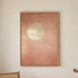 Soft Pink Moon With Birds Wall Art Minimalist Scandi Abstract Painting Large Room Decor Framed Calming Poster Print - thumbnail 3