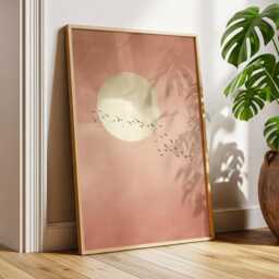 Soft Pink Moon With Birds Wall Art Minimalist Scandi Abstract Painting Large Room Decor Framed Calming Poster Print - thumbnail 2