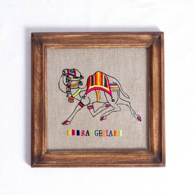 Embroidered Camel Linen Wall Art, Indian Decor - image 1