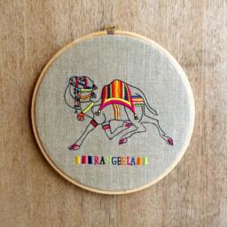 Embroidered Camel Linen Wall Art, Indian Decor - thumbnail 2