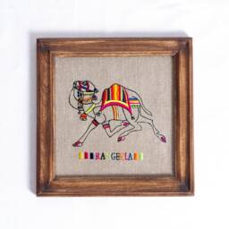Embroidered Camel Linen Wall Art, Indian Decor - thumbnail 1