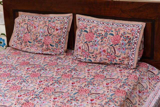 Mirai - Jaipuri Hand Block Printed Cotton Bed Cover With Two Pillow Cases, Flat Sheet, King Size, Floral, Ethically Made, Handcrafted - image 1